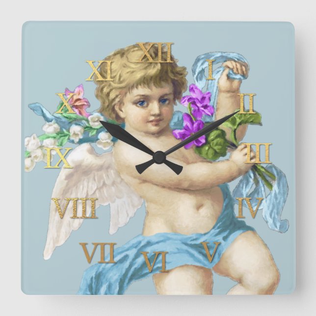 Vintage Clock Roman Numerals Cherub Blue (Front)
