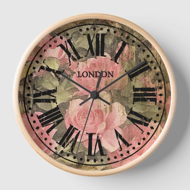 Vintage Clock Roman Numerals Pink Roses (Front)