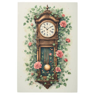 Vintage Clock Surrounded by Roses and Vines Metal Print