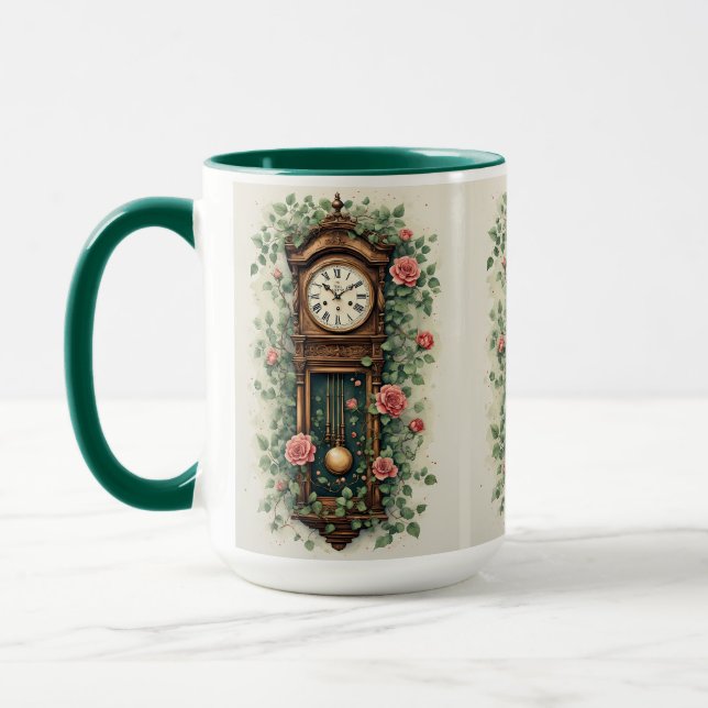 Vintage Clock Surrounded by Roses and Vines Mug (Left)