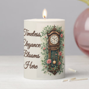 Vintage Clock Surrounded by Roses and Vines Pillar Candle