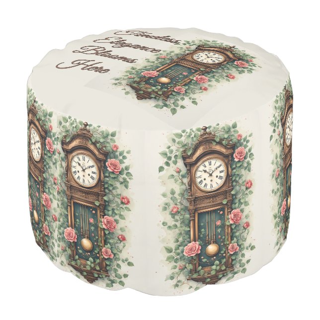 Vintage Clock Surrounded by Roses and Vines Pouf (Angled Back)