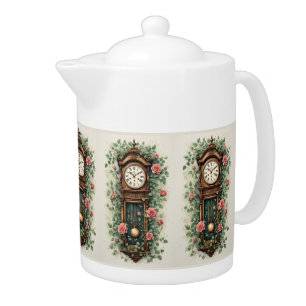 Vintage Clock Surrounded by Roses and Vines Teapot