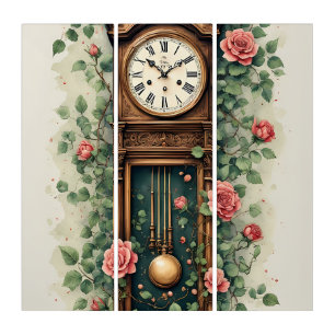 Vintage Clock Surrounded by Roses and Vines Triptych