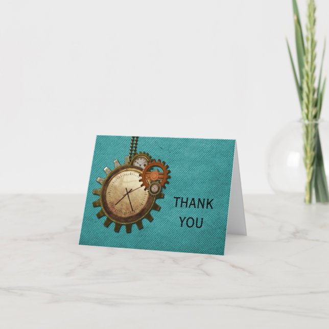 Vintage Clock Thank You Card, Turquoise (Front)