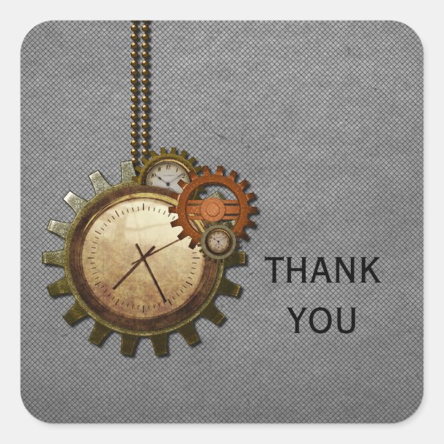 Vintage Clock Thank You Stickers, Gray Square Sticker (Front)