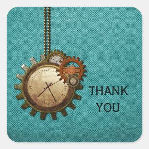 Vintage Clock Thank You Stickers, Turquoise Square Sticker
