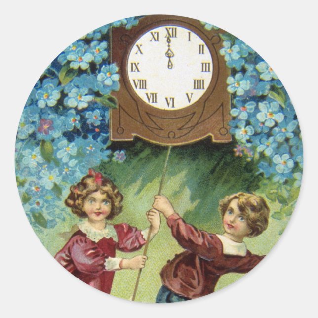 Vintage Clock Turns Midnight Classic Round Sticker (Front)