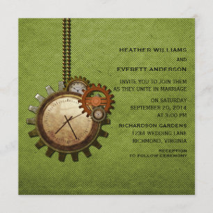 Vintage Clock Wedding Invitation, Green Invitation