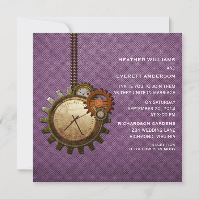 Vintage Clock Wedding Invitation, Purple Invitation (Front)