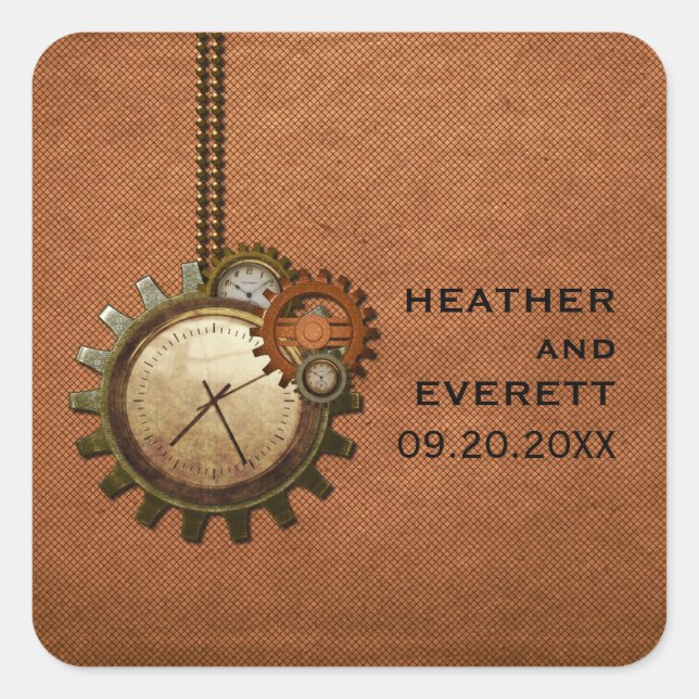 Vintage Clock Wedding Stickers, Copper Square Sticker (Front)