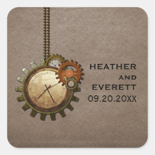 Vintage Clock Wedding Stickers, Mocha Square Sticker