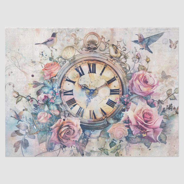 Vintage  Clock with Birds and Roses Decoupage Tissue Paper (Front)