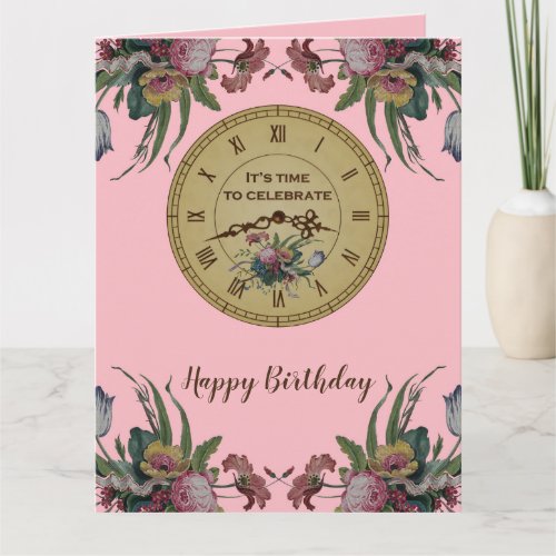 Vintage Clock with Flowers Birthday Party Card
