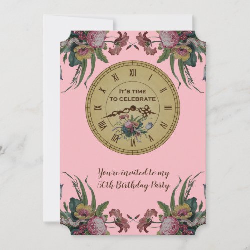 Vintage Clock with Flowers Birthday Party Invitation