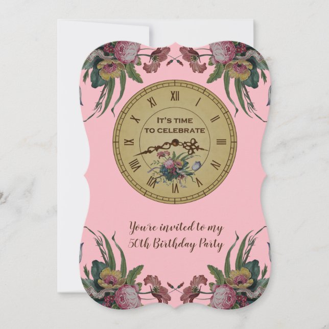 Vintage Clock with Flowers Birthday Party Invitation (Front)