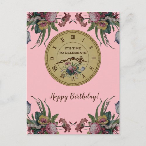 Vintage Clock with Flowers Birthday Party Invitation Postcard
