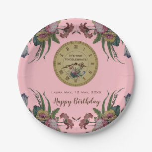 Vintage Clock with Flowers Birthday Party Paper Plates