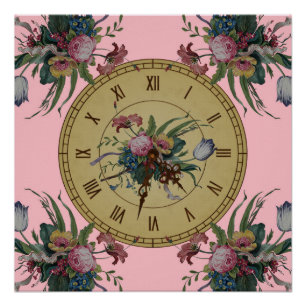Vintage Clock with Flowers Poster