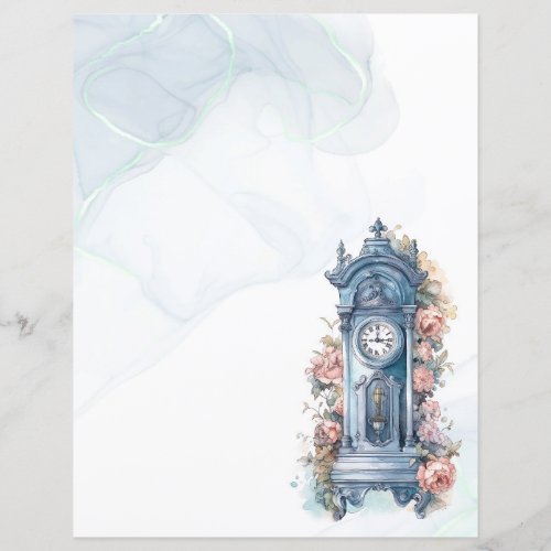 Vintage Clock With Flowers Writing Paper