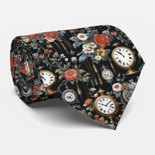 Vintage Clocks And Florals With Gold Neck Tie