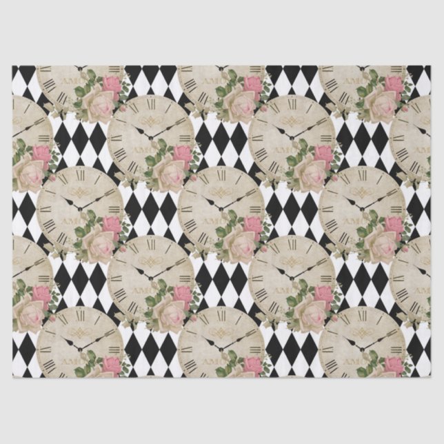 Vintage Clocks and Roses Decoupage Tissue Paper (Front)