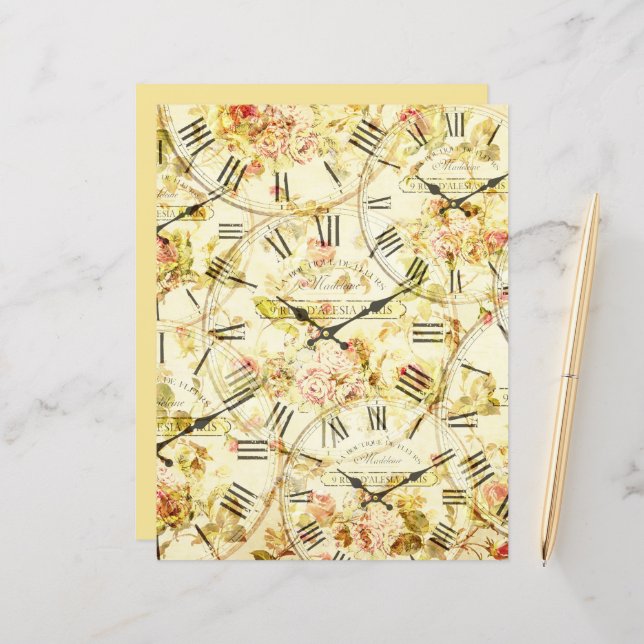 Vintage Clocks Collage Scrapbook Paper (Front/Back In Situ)