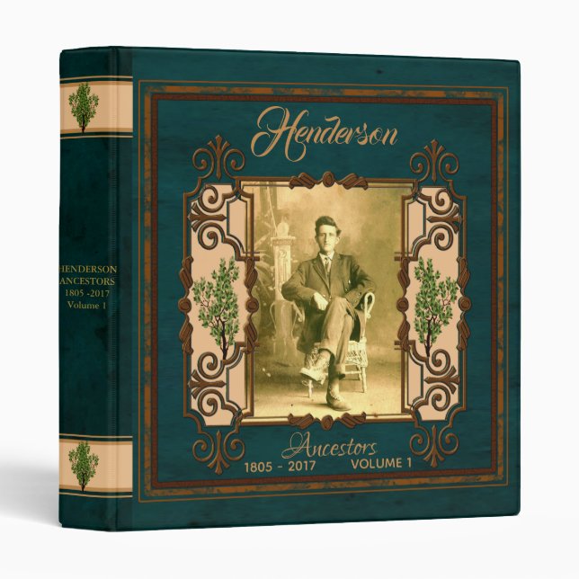 Vintage Cloth Pattern Teal Genealogy 3 Ring Binder (Front/Spine)
