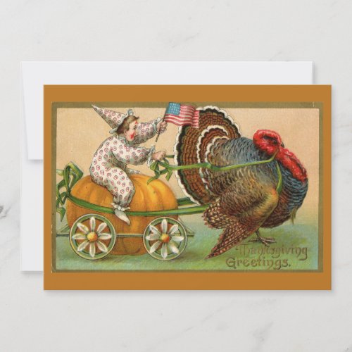 Vintage Clown Boy Riding Thanksgiving Turkey Card