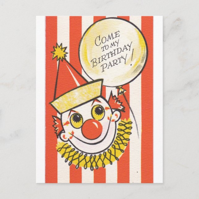 Vintage Clown Come To My Birthday Party Postcard (Front)