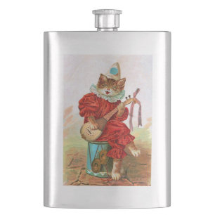 Vintage Clown Jester Musician Cat Mandolin Hip Flask