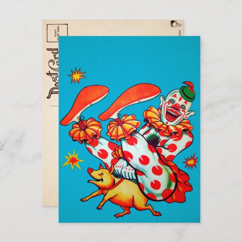 Vintage Clown Riding Pig Postcard