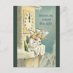 Vintage Clowns With Wine Near Clock Happy New Year Postcard