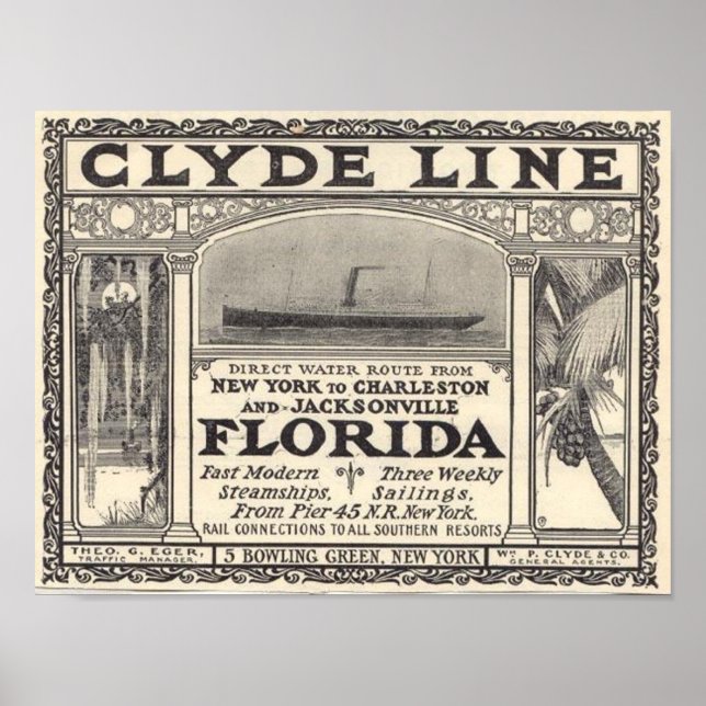 Vintage Clyde Line Florida Steamship Ad Poster (Front)
