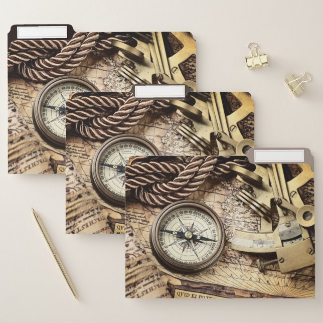 Vintage coastal beach nautical antique compass file folder (Set)