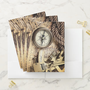 Vintage coastal beach nautical antique compass pocket folder