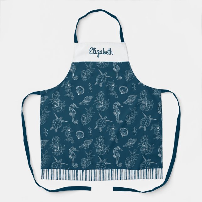 Vintage Coastal Beach Navy Blue  Apron (Front)