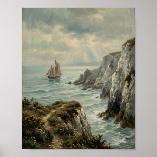 Vintage Coastal Cliffs Sailboat Seascape I Poster