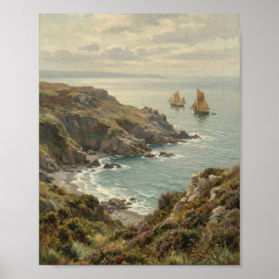 Vintage Coastal Cliffs Sailboat Seascape II Poster