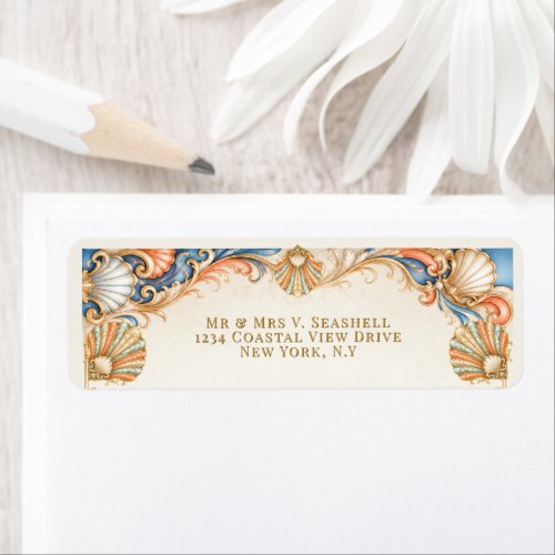 Vintage coastal Coral seashell wedding address Label
