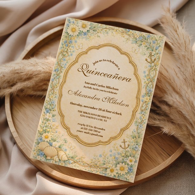 Vintage Coastal Daisy Quinceañera Invitation (Creator Uploaded)