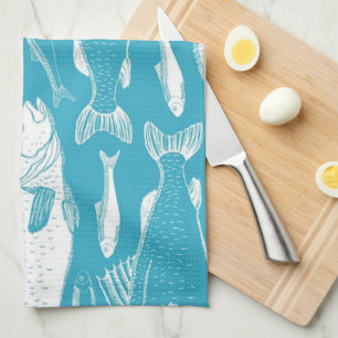 Vintage Coastal Fish Pattern Teal Blue Kitchen Towel