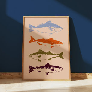 Vintage Coastal Fishing Fish Coastal Lake Cabin Poster