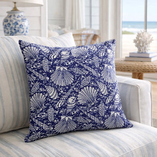 Vintage Coastal Ocean Beach Seashells Pattern Throw Pillow