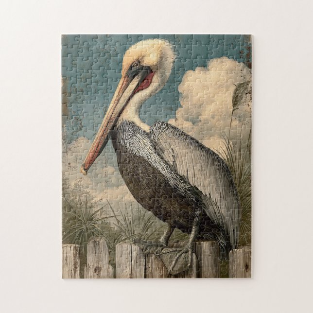Vintage Coastal Pelican Jigsaw Puzzle (Vertical)