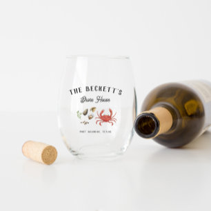 Vintage Coastal Seaside   Personalized Shore House Stemless Wine Glass