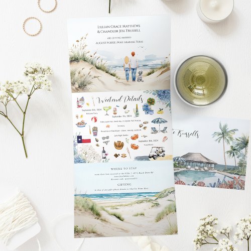 Vintage Coastal Seaside   Port Aransas Wedding  Tri_Fold Invitation