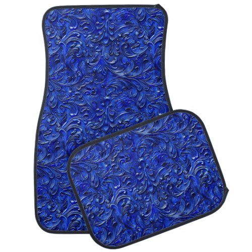 Vintage cobalt blue tooled leather car floor mat