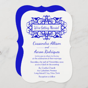 Vintage Cobalt Blue & White Wedding Floral Swirls Invitation