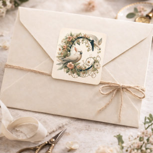 Vintage Cockatoo Floral Monogram Letter C Square Sticker